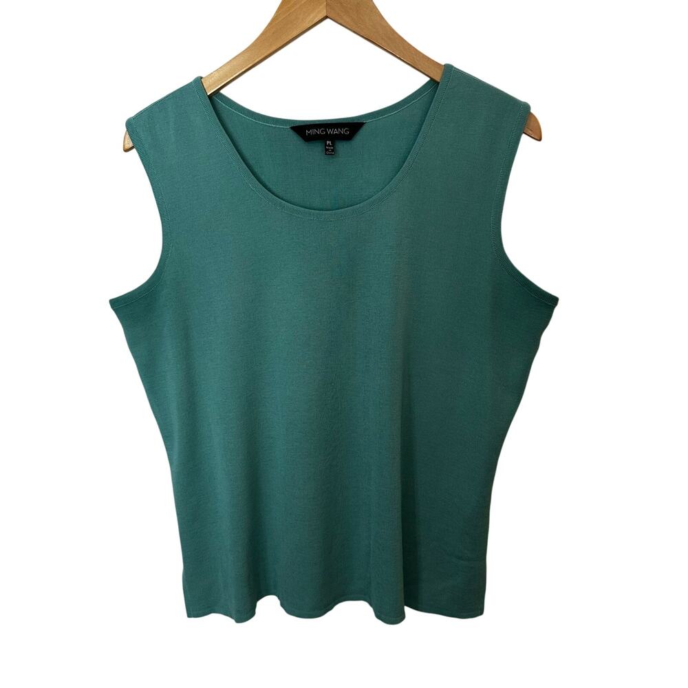 Ming Wang Shell Tank Top Petite‎ Large Green Acrylic Poly Sleeveless Slit Hem PL